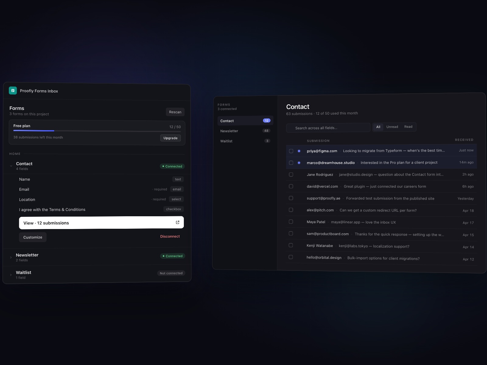 Proofly Forms Inbox preview