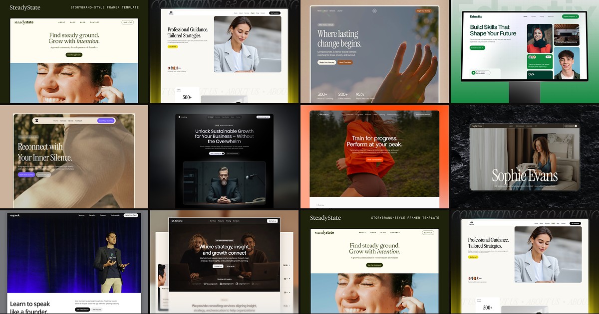Cover collage for 10 Best Free Coaching Framer Templates in 2026
