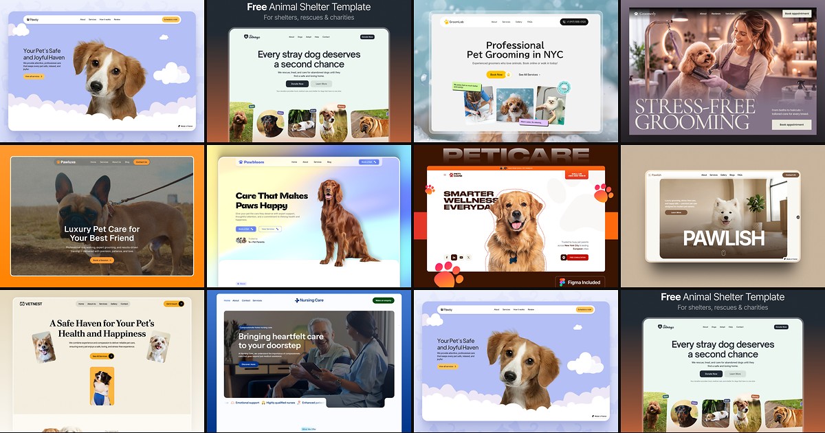 Cover collage for 10 Best Free Pet Care Framer Templates in 2026