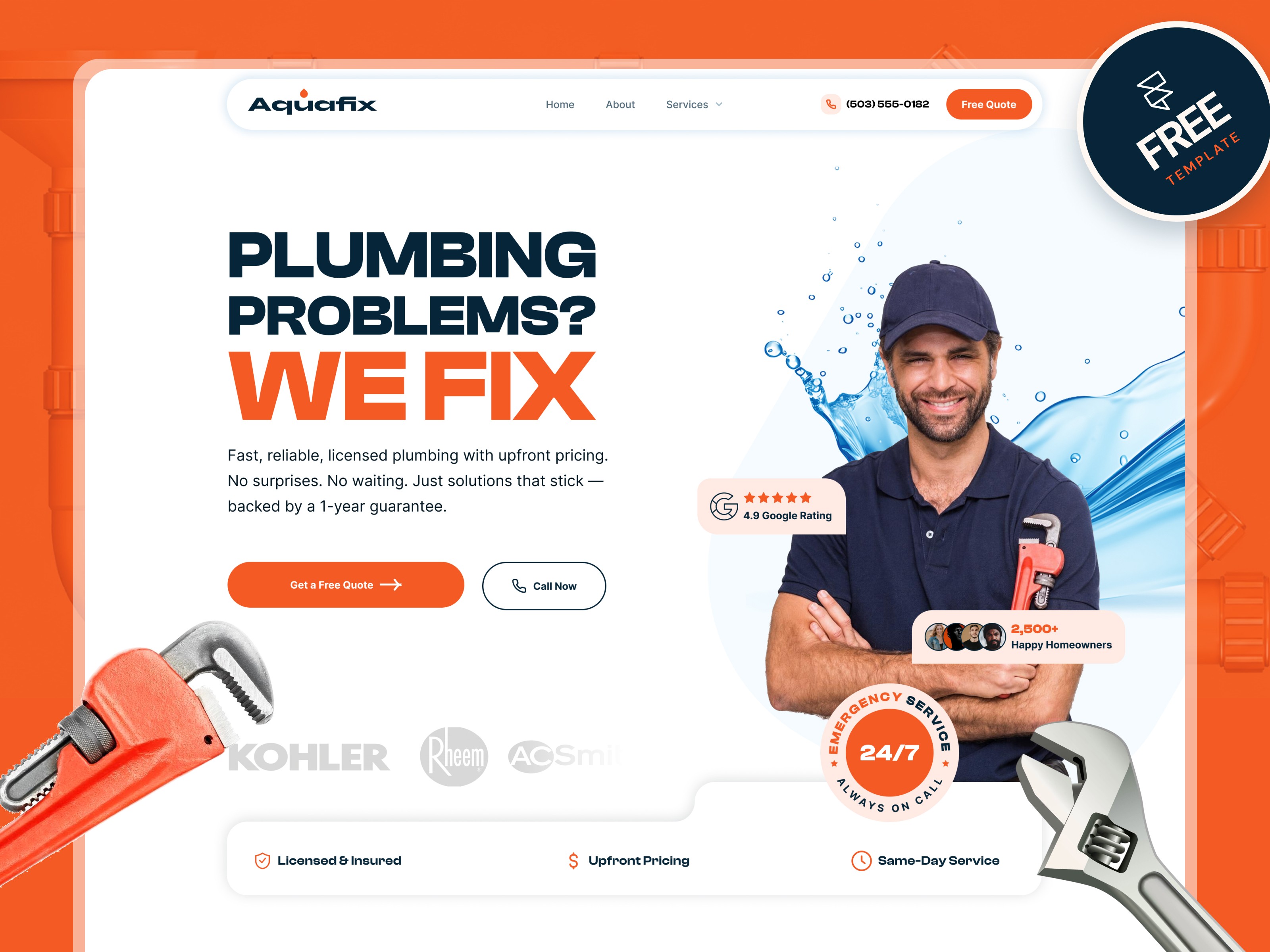 AquaFix — Free Home Services Framer Template preview