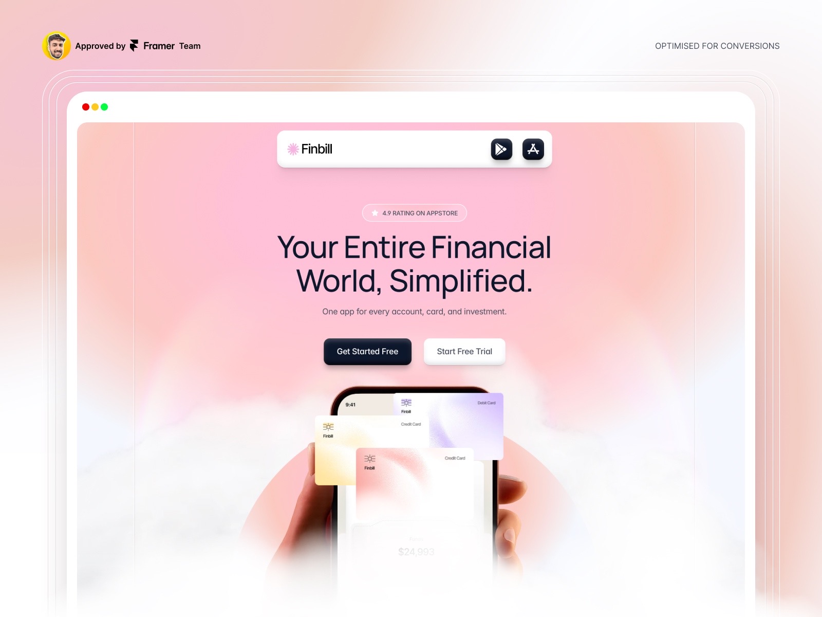 Finbill – Free SaaS & Fintech App Landing Page Framer Template preview
