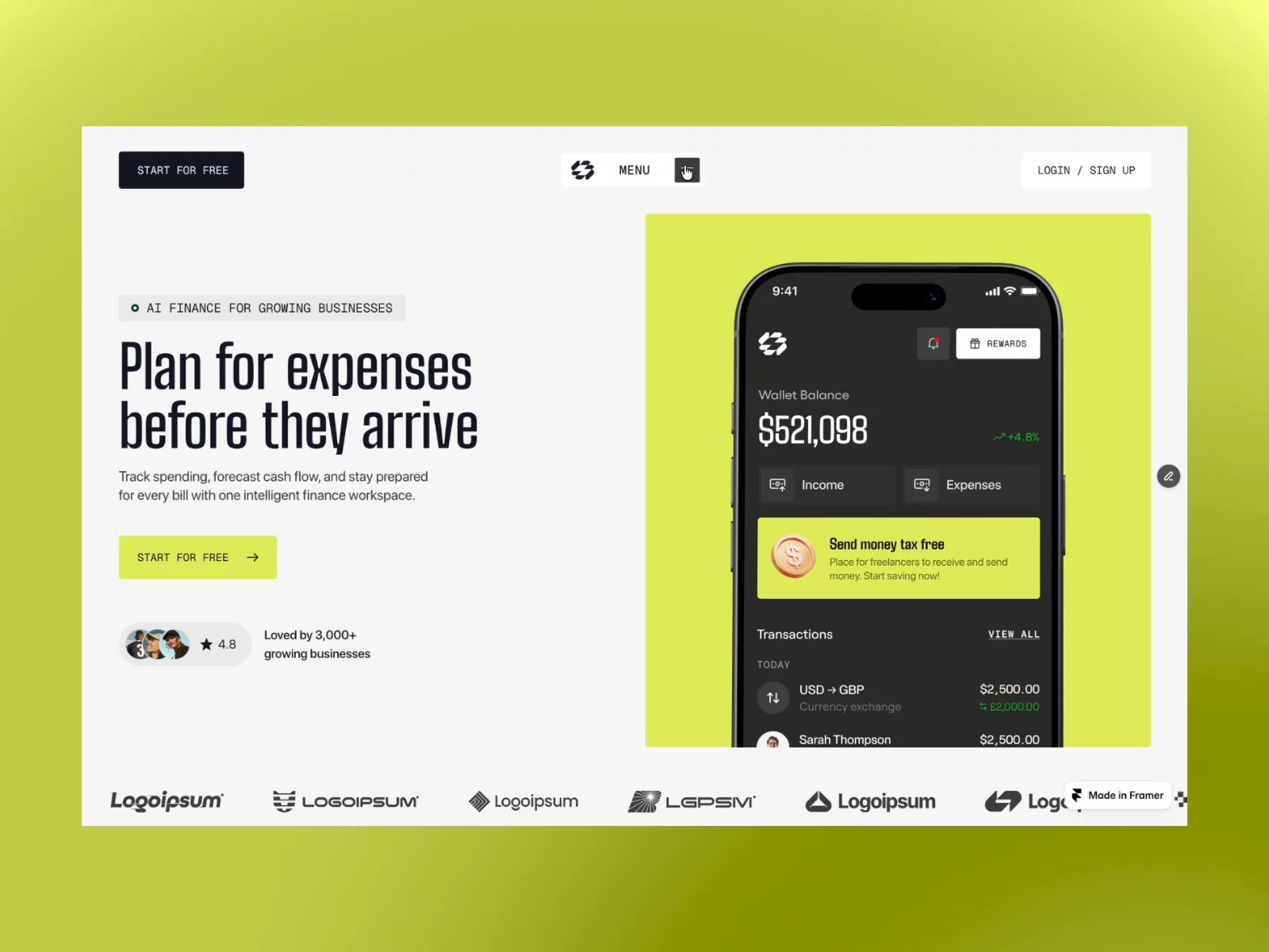 Fintly: Free Landing Page Website Template by Frameion — Free SaaS Framer Template preview