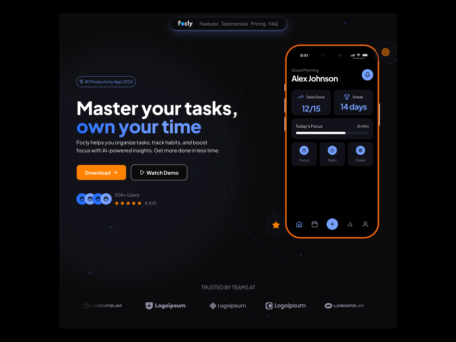 Focly — Free Dark SaaS & App Landing Page Framer Template preview