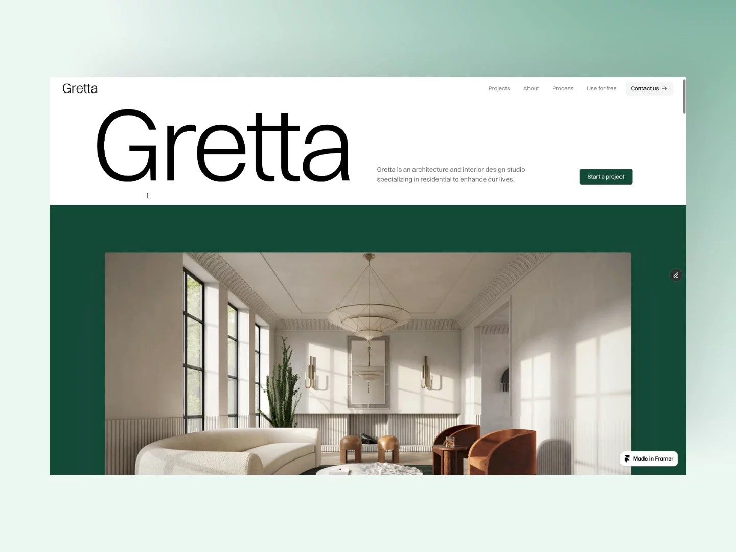 Gretta: Free Portfolio Website Template by dianadia amira — Free Architecture Framer Template preview
