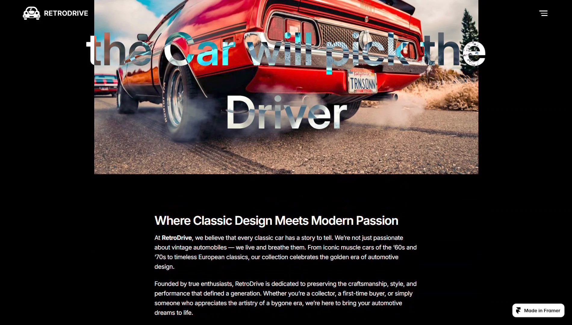 RetroDrive Classic — Free Portfolio Website Template by Yurii Tarasov — Free Automotive Template for Framer by Yurii Tarasov preview