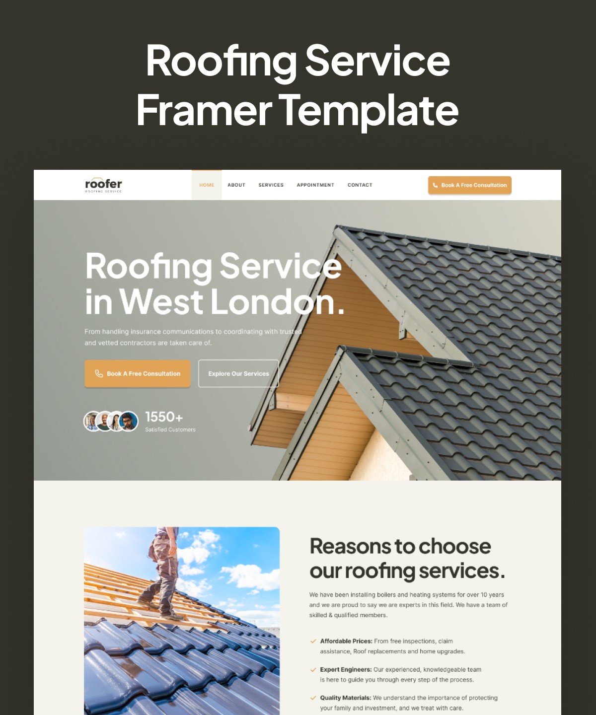 Roofar: Free Real Estate Website Template by Framebite — Free Home Services Framer Template preview