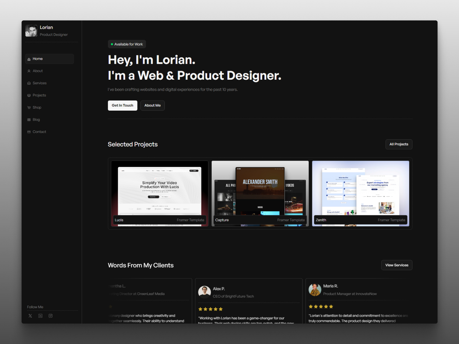 Senora: Free Portfolio Website Template by Ruddro — Free Portfolio Framer Template preview