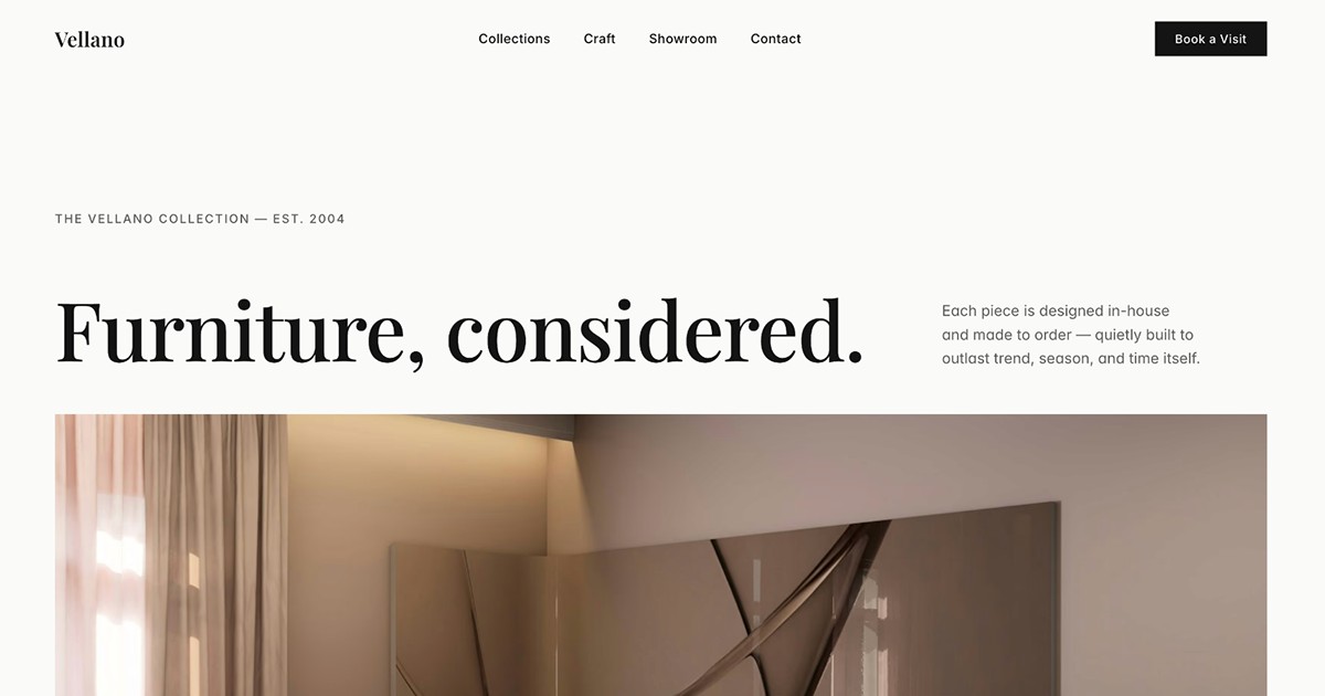 Vellano Furniture — Free Landing Page Website Template by Ibrahim Hajo — Free Agency Template for Framer by Ibrahim Hajo preview